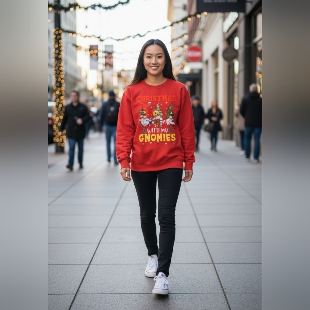 Red Christmas With My Gnomies Holiday Festive Sweatshirt Womens Medium